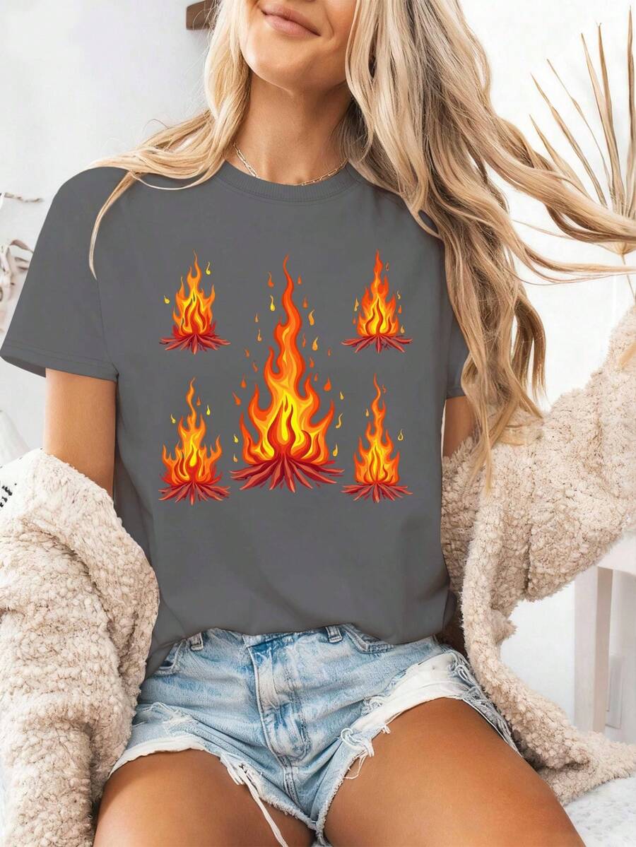 Comfortable Women's T-Shirt With Vibrant Multicolored Rising Flame Print - 深灰色 - 查看 1