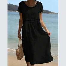 Vestido algodón lino liso cuello redondo manga corta ribete encaje, verano 2026 europeo mujer - Blanco - Ver 6