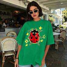 100% Cotton Unisex Tee, Star & Ladybug Print, Vintage Style, Premium Fabric, Summer Graphic Top, Ideal For Daily Wear & Holiday Gifts - Green 2 - 查看 6