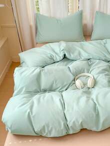 Blue & White Colorblock Washed Polyester Skin-Friendly Duvet Cover 3 Pieces Set - Cadet Blue - View 6