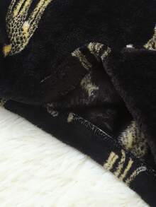 Women's Flannel Pajama Set, Autumn/Winter Round Neck Tank Top And Bow Shorts, Soft Gold Leopard Print Casual Sleepwear Loungewear Set - Black - View 5