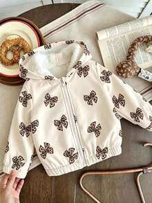 Young Girls Bow Pattern Print Warm Hooded Jacket - White - View 2