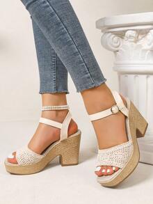 Women's Wedge Sandals. Summer Open Toe, Bohemian Style Faux Rope Sole Sandals. Comfortable Vacation Style High Heels. Suitable For Summer Outfits - Beige - View 2