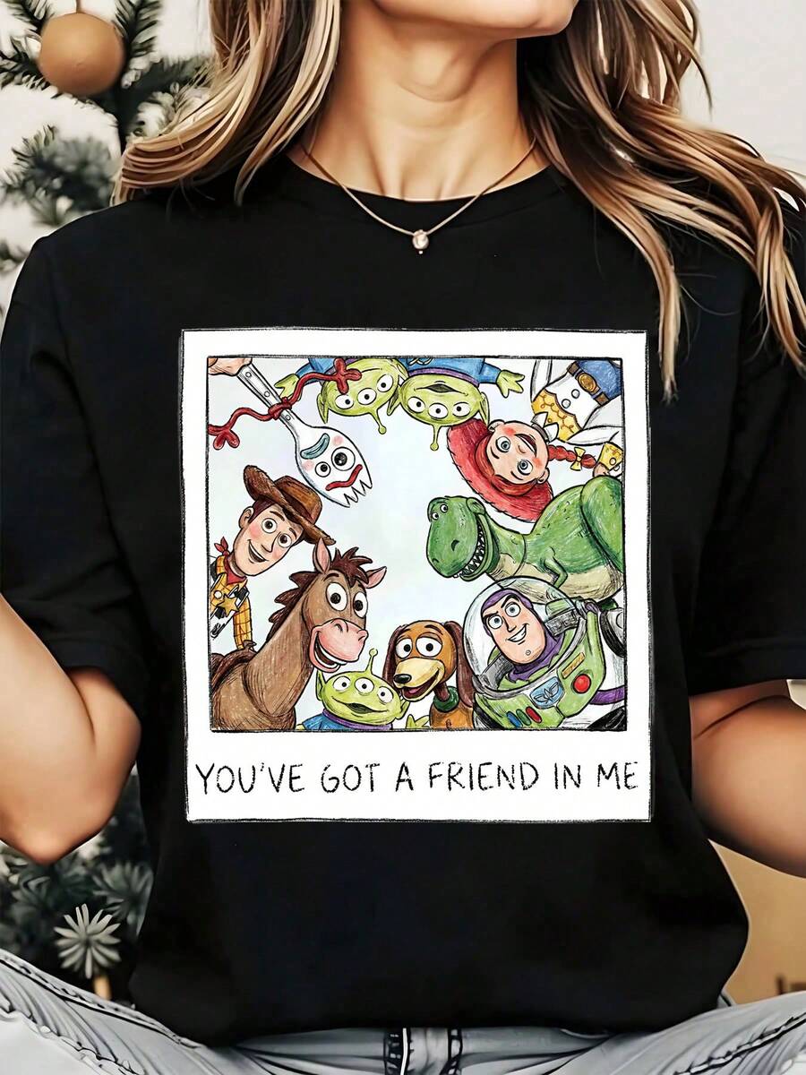 Disney Toy Story Characters Youve Got A Friend In Me Women's Round Neck Shirt Summer Tops Comfortable O Neck T Shirt Fashion Casual Women Clothes - Black - View 1