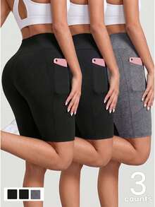 3pcs/Pack Spring/Summer New Yoga Sports 4-Inch Shorts, Tummy Control Waist, Dual Side Pockets, No Embarrassing Lines, Versatile Leggings Cycling Pants, Thin Sheer Fabric, Free Fit, Comfortable, Elastic, Minimalist Yoga Pants - Multicolor - View 1