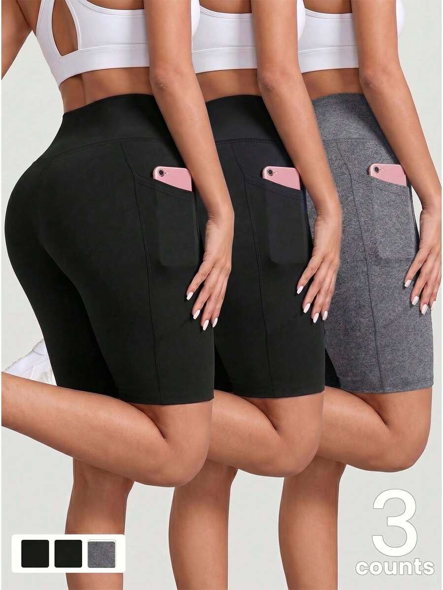 3pcs/Pack Spring/Summer New Yoga Sports 4-Inch Shorts, Tummy Control Waist, Dual Side Pockets, No Embarrassing Lines, Versatile Leggings Cycling Pants, Thin Sheer Fabric, Free Fit, Comfortable, Elastic, Minimalist Yoga Pants - Multicolor - View 1