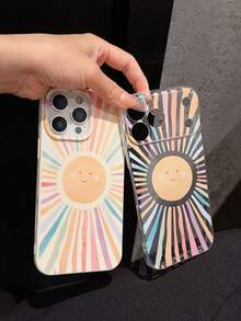 1pc Minimalist 2 Pieces Set Full-Screen Rainbow Stripe Sun Pattern Phone Case, TPU Silicone Anti-Drop Soft Shell Protective Cover Compatible With Samsung A23/A24/A25/A32/33/S25, Apple 11/12/13/14/14 Plus/15/15 Plus/16/16 Plus/7/8 Plus/17/17 Pro And More Models - Multicolor - View 2
