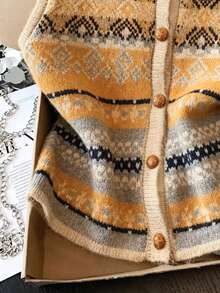 Third Introversion - Women's Vintage Fair Isle Knit Button Front Cardigan Vest, Regular Length Sleeveless Sweater Vest, Comfortable For Summer, Autumn And Winter - Orange - View 5