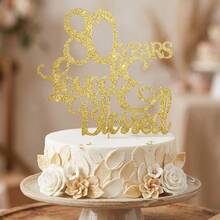 1pc 80th Birthday Cake Topper, Gold Glitter "80 Years Loved & Blessed" Cake Decoration For Anniversary Party, Elegant Birthday Party Supplies - Multicolor - View 8