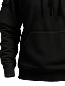 Sweatshirt berkerudung setengah resleting pria dengan tudung bertali, saku lengan berresleting, dan desain saku kanguru, cocok untuk berkemah, mendaki, dan berbagai aktivitas rekreasi luar ruangan. - Hitam - View 7