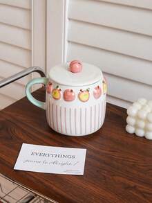 1pc Embossed Fruit Striped Ceramic Mug, Exquisite Coffee Cup With Lid, Lemon, Peach, Strawberry And Blueberry Pattern, Elegant And Practical, Suitable For Home Decor, Father's Day Gift, Father's Day Decoration, Independence Day Gift Decoration, Back To School Gift, Halloween Decoration And Christmas Decoration, Suitable For Coffee Cup, Living Room, Bedroom, Coffee Art, Gift. - Multicolor - View 8