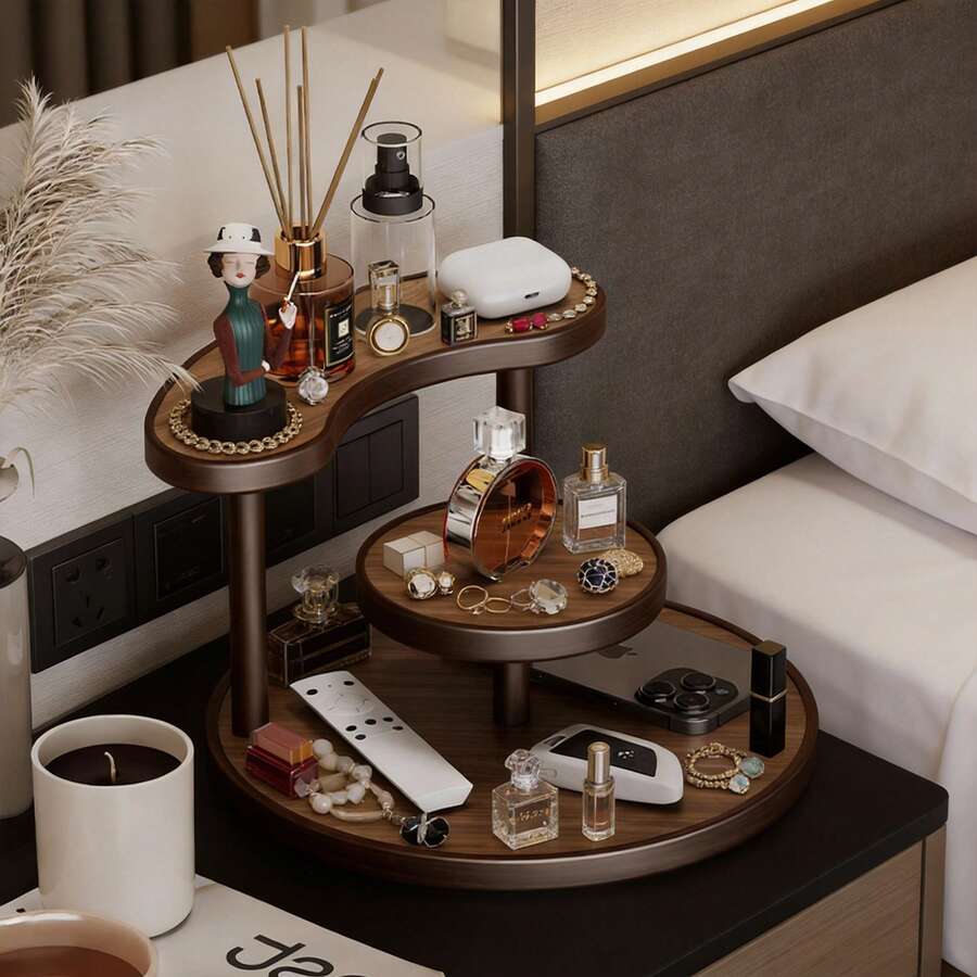 1set 3-Tier Wooden Perfume Organizer, Asymmetric Curved Vanity Display Rack For Perfume Bottles, Makeup, And Skincare, Multi-Layer Desktop Storage Shelf For Bedroom Dresser (Random Style) - Multicolor - View 1
