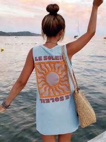 Vestido casual de moda Y2K bohemio para mujer con cuello redondo, estampado de letras en inglés y sol, elegante para la vuelta al colegio y brunch de primavera/verano - Azul - Ver 9