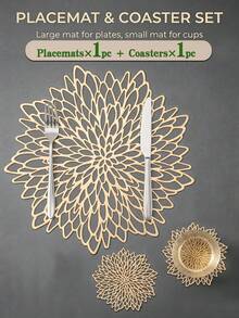 12 件組(6 件金色鏤空花朵 Pvc 餐墊和 6 件金色鏤空花朵 Pvc 杯墊),可水洗,易於清潔,可擦拭,防滑,耐熱,適用於餐桌、節日婚禮派對節日裝飾 - 金色12件(餐墊*6件,杯墊*6件) - 查看 10