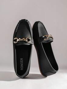 Women's Plus Size Vintage Slip-On Loafers With Metal Bow Decor - Lightweight Soft PU Upper Ballet Flats, Cushioned TPR Sole, All-Day Comfort, Casual And Formal Wear, Comfortable Footwear, Elegant Shoe Design, Fengmo Global - Black - View 5