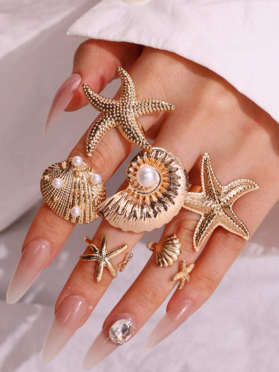 6pcs Bohemian Vintage Fashion Unique Personalized Exaggerated Pearl Shell Starfish Women's Ring Set, Suitable For Summer Commute, Beach Vacation, Women's Jewelry - Multicolor - View 1