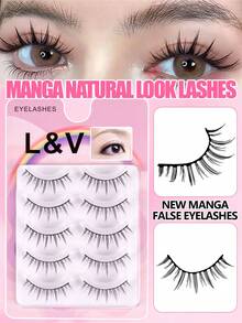 5 Pares de Cílios Estilo Girl Group com Tiras Completas, Banda Preta Clássica com Efeito de Delineador Embutido, Cílios Manga Leves e Macios Sem Irritação, Design Reutilizável para Ampliar os Olhos, Item Essencial Portátil para Maquiagem de Casamento, Viagem, Festa e Banquete - Preto - Visão 1