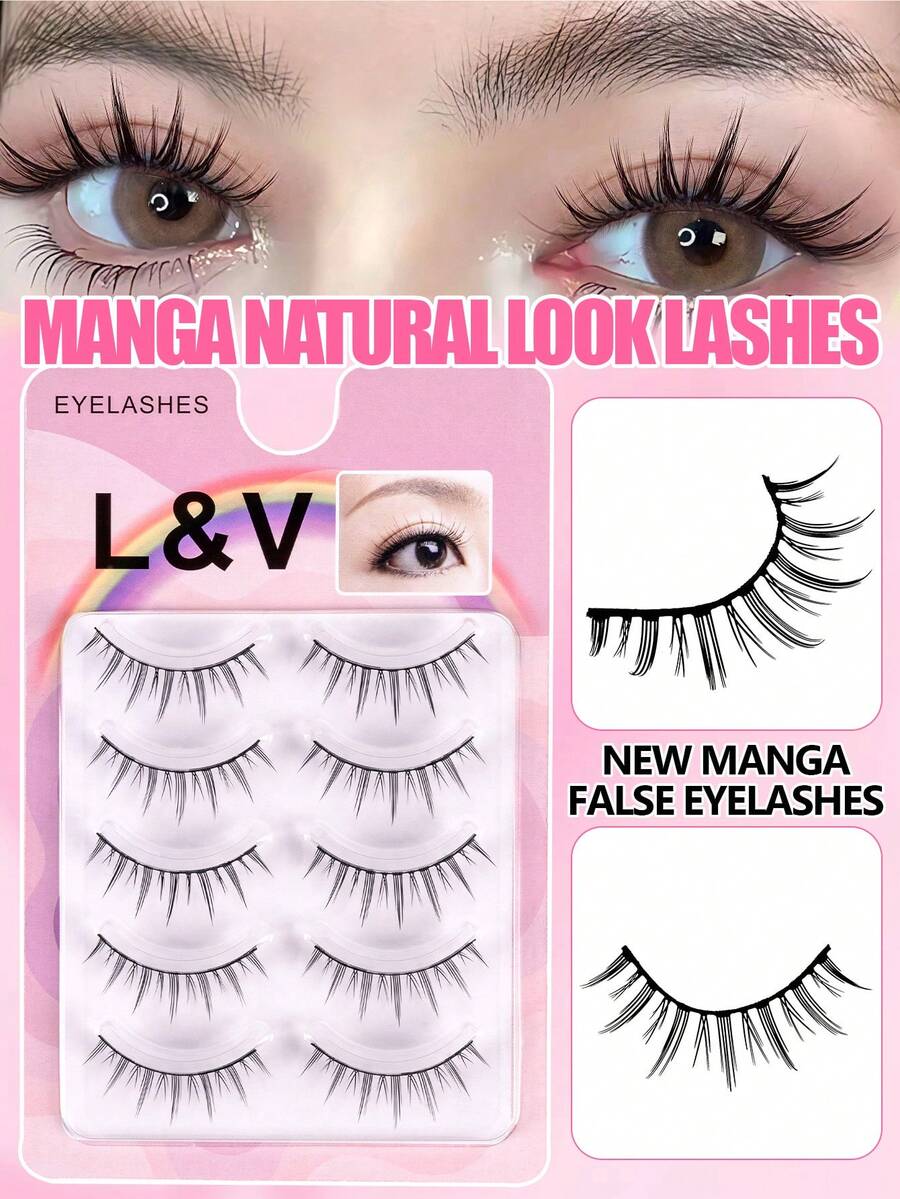 5 Pares de Cílios Estilo Girl Group com Tiras Completas, Banda Preta Clássica com Efeito de Delineador Embutido, Cílios Manga Leves e Macios Sem Irritação, Design Reutilizável para Ampliar os Olhos, Item Essencial Portátil para Maquiagem de Casamento, Viagem, Festa e Banquete - Preto - Visão 1