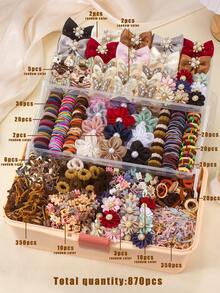 870PCS Morandi Color Vintage Girls Hair Accessories Set, Including Satin Bow Hair Clips, Double Layer Butterfly Hair Clips, Rhinestone Pearl Flower Side Clips, Bow Hair Ties, Star Snap Clips, Multiple Mini Claw Clips, Bubble Hair Ties, Bamboo Knot Towel Hair Bands, Lace Elastic Hair Bands And TPU Rubber Bands, Suitable For Girls Daily, Party, Travel Use - Multicolor - View 2