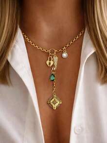 1pc Gold Necklace, Luxury Round Buckle With Lightning And Compass Diamond Pendant, Suitable For Women's Exquisite Holiday Party Gift - Yellow Gold - View 3