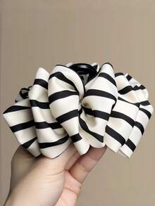 1pc Black White Vertical Stripe Big Bow Hair Claw Clip, Fabric Bow Decor Metal Jaw Clip, Women Half Up Bun Hairstyle Fixing Hair Accessory - Multicolor - View 5