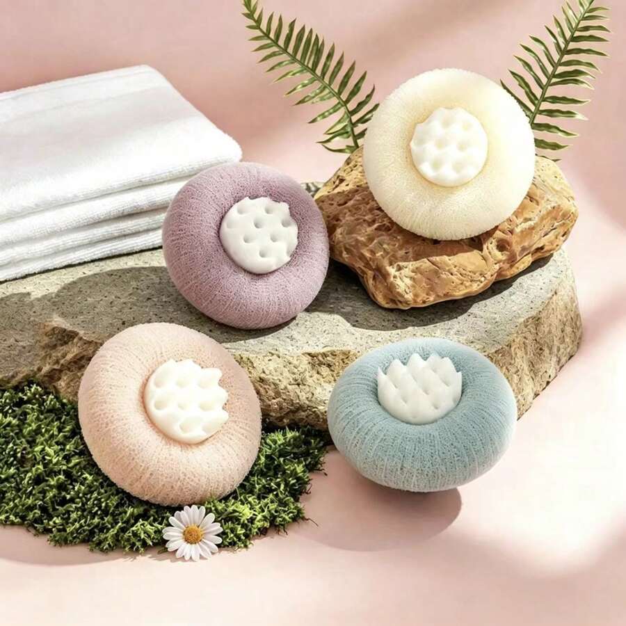 超柔軟向日葵吸盤洗澡球，2合1向日葵洗澡球去角質沐浴海綿清潔刷 (粉色 + 青色 + 米色 + 紫色)