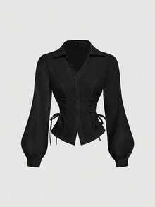 MOD Camisa de mujer de unicolor con cuello de solapa, diseño de cintura con corbata, de uso versátil y casual, con mangas farol - Negro - Ver 1