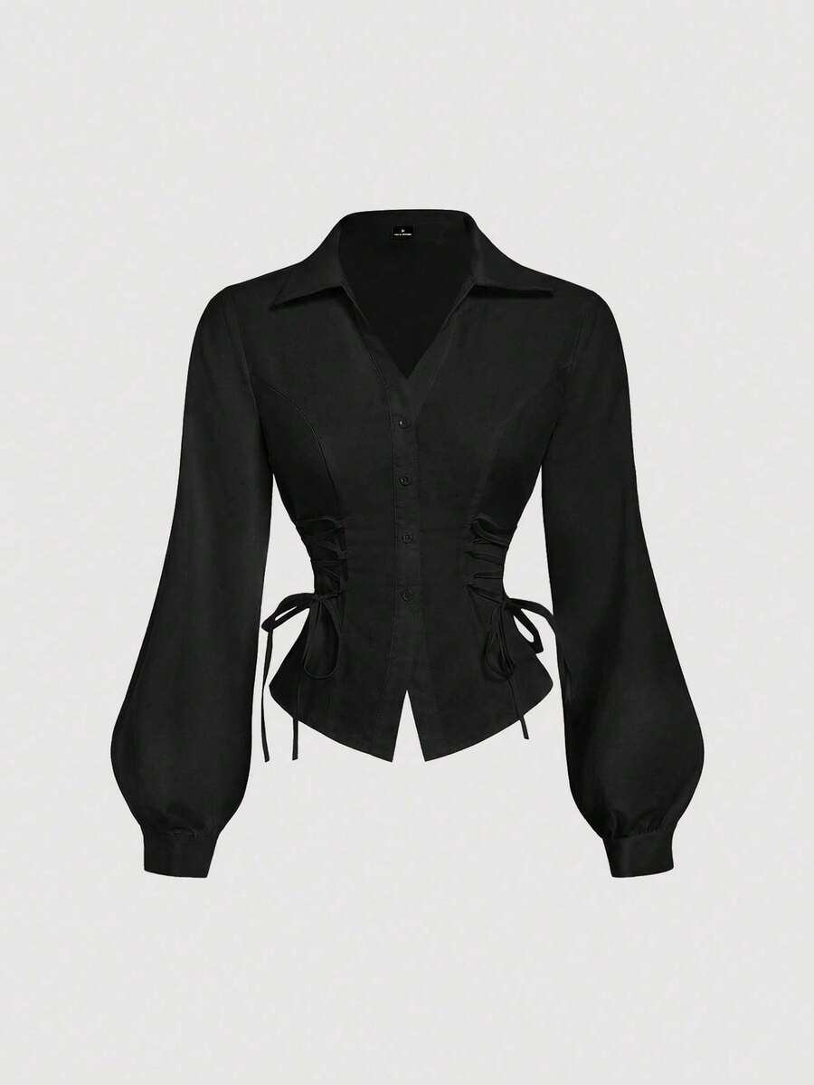 MOD Camisa de mujer de unicolor con cuello de solapa, diseño de cintura con corbata, de uso versátil y casual, con mangas farol - Negro - Ver 1