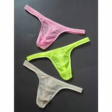 3-Pack, Men's Mesh Transparent Sexy Thong - Pink + Green + Apricot - View 8