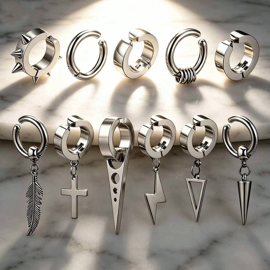 11 Pcs/Set Punk Hip Hop Clip-On Earrings, Stud Ear Cuffs, Feather Dangle Ear Cuffs, Stainless Steel Non-Piercing Ear Cuffs, For Men - Ear Clip - View 1