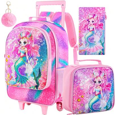3pcs 21'' Girls Cartoon Mermaid Sparkle Reversible Sequin Material Rolling Trolley Retractable Handle Cute Style Backpack Set For School & Daily Travel