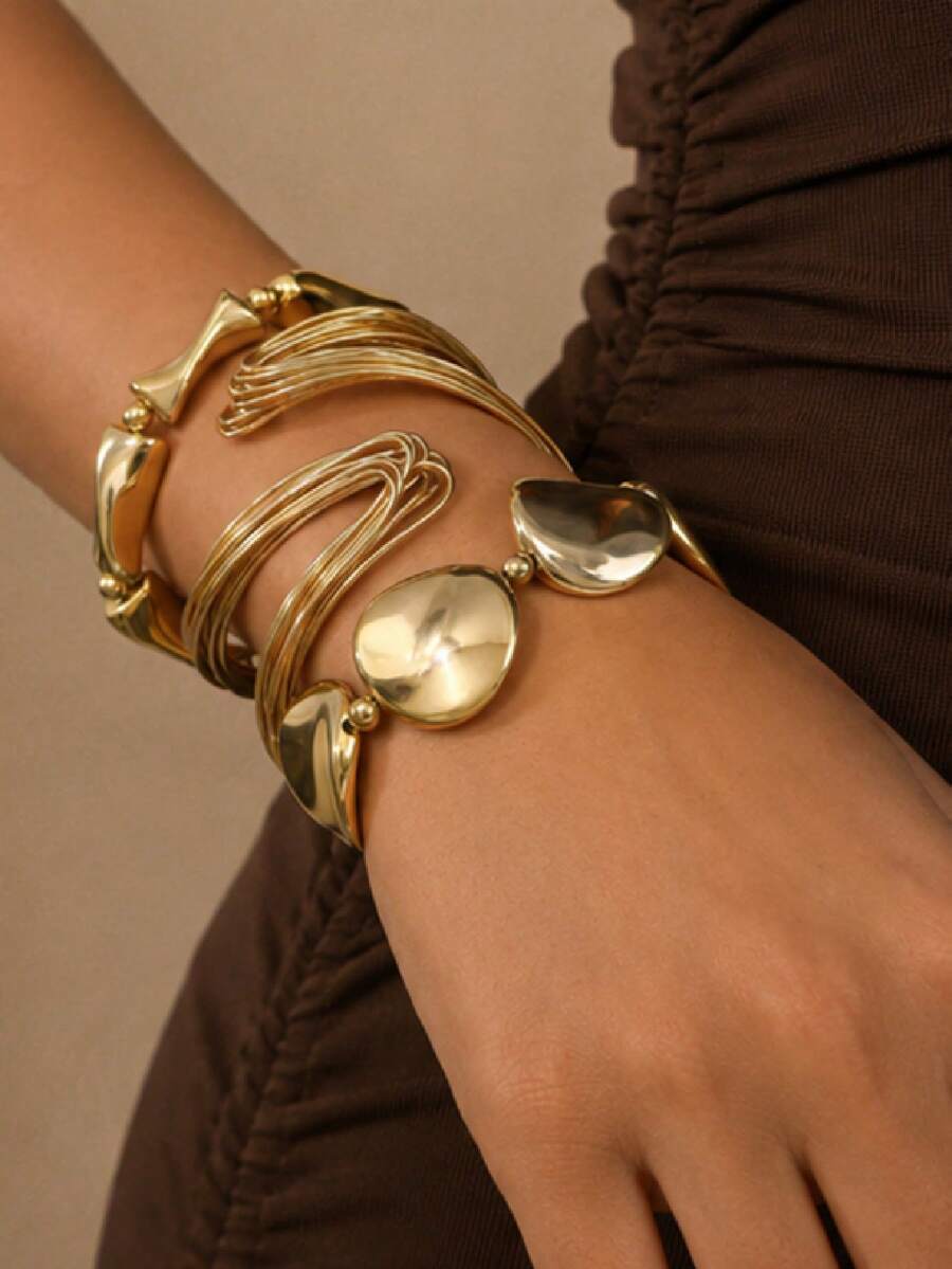 3pcs/Set Fashion Asymmetric Metal Bracelets, Bohemian Vintage Geometric Round Design Beaded Bracelet, Suitable For Women Daily Wear, Party, Holiday Gift, Jewelry Set - Gold - View 1