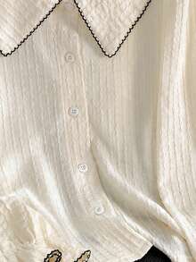Tween Girls Peter Pan Collar Blouse, Contrast Trim Textured Button Up Shirt, Teen Tween Girl Cute Long Sleeve Ruffle Cuff Top - Apricot - View 8