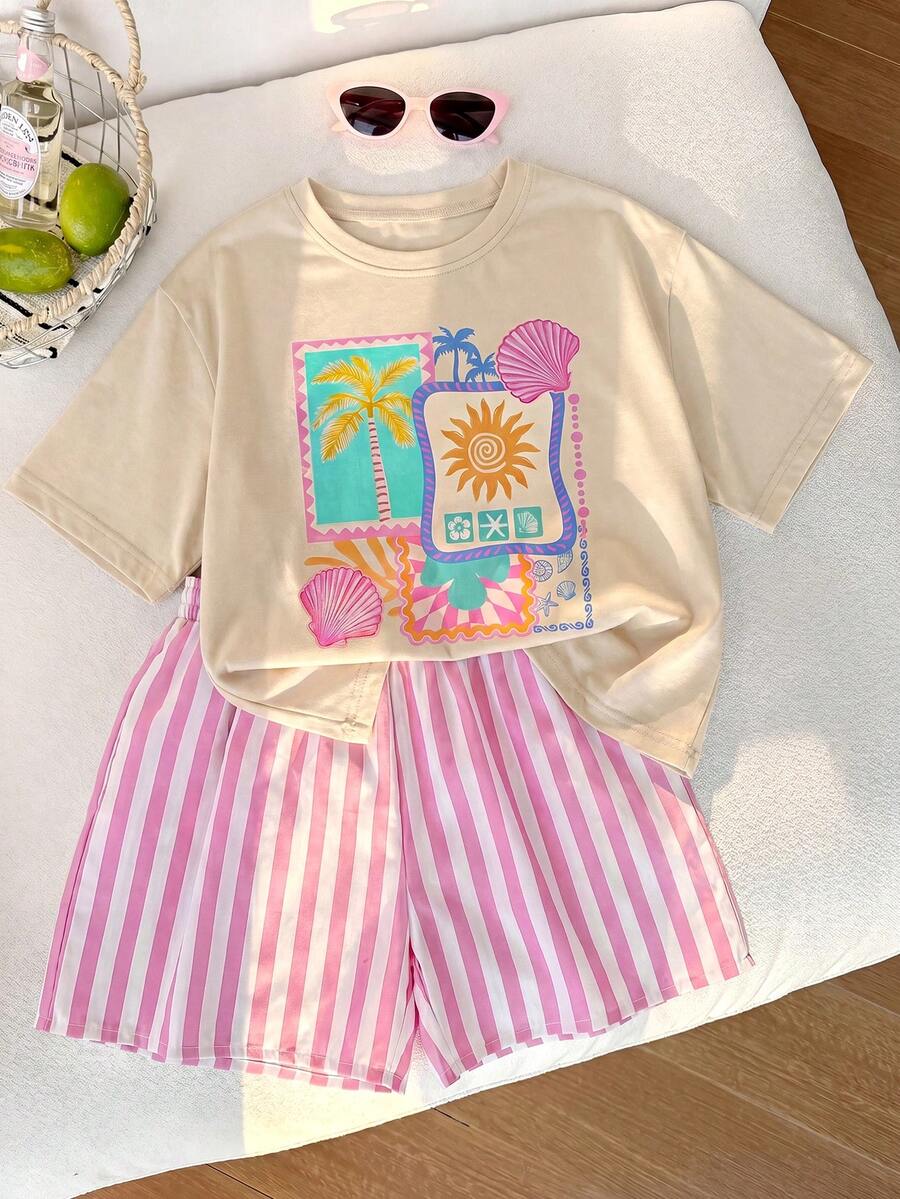 2pcs/Set Girls Vacation Style T-Shirt And Striped Shorts Set - Pink - View 1