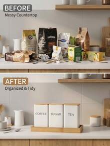 1/3pcs Tin Storage Canisters With Bamboo Lids - Moisture-Proof Airtight Kitchen Containers, Suitable For Coffee, Tea And Sugar - Easy-To-Reach Countertop Storage Rack - Black/White, Optional Tray - Multicolor - View 10