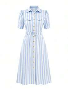 Luxury Women's Midi Shirt Dress, Striped In Blue And White, With Puff Sleeves And Belt, Perfect For A Chic Summer Look. - 淺藍色 - 查看 5