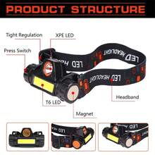 1 pieza Linterna frontal LED COB recargable magnética e impermeable para camping, pesca y minería al aire libre - lámpara de cabeza - Ver 9