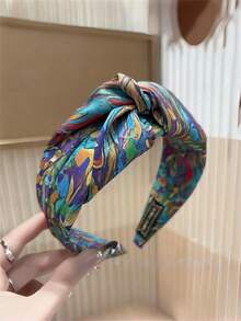 1pc Abstract Art Print Knotted Headband, Wide Colorful Painted Headband, Bohemian Style Women's Hair Accessory - Multicolor - View 3