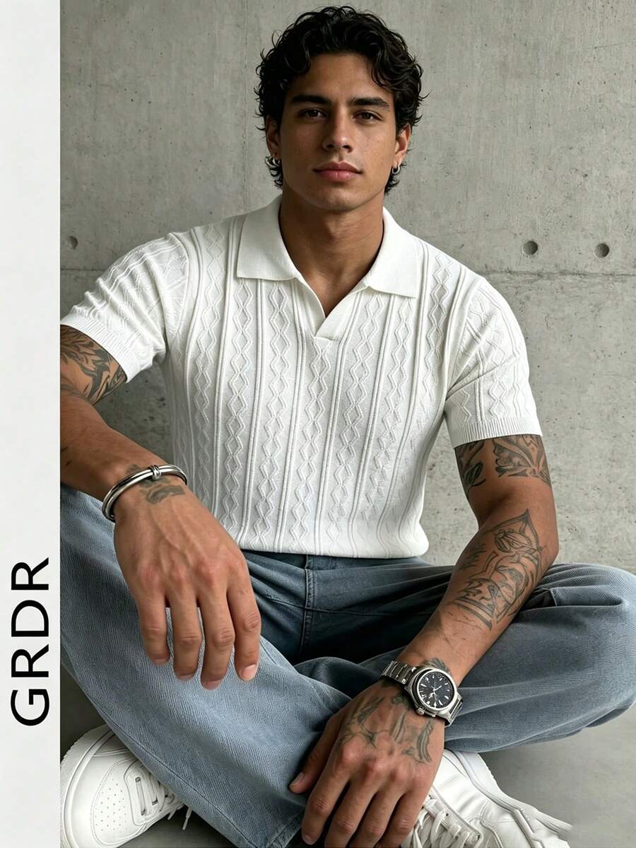 GRDR Men's Lightweight Seagull Collar Solid Color Short Sleeve Knit Sweater, Suitable For Summer Outings, Essential For Fashionable Styling