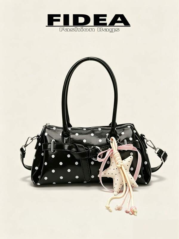 Women's Shoulder Underarm Bag, Solid Color PU With Polka Dot Design, Metal Strap Decoration, Elegant And Versatile, Comes With Personalized Star Charm, Suitable For Travel, Shopping, Dating, Gift-Giving And More