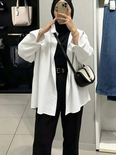 Damen minimalistische lässige einfarbige Bluse mit Knöpfen, langen Ärmeln und Kragen, elegant, geeignet für Frühling, Herbst und Winter, Weiß