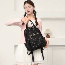 LECEY Mochila acolchada con diamantes y bordada para mujer - Negro - Ver 2