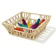 Simple Square PVC Rattan Storage Basket, Beige, Gray, White, Hand-Woven Breathable Structure For Home & Dorm Use, Sundry Organizer, Fruit Container, Desktop Arrangement Bin - Storage Baskets - View 5