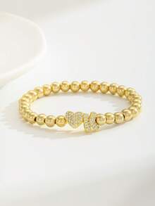 1pc Zirconia Decorated Heart & A-Z Initial Decorated Elastic Bead Bracelet, Girls Birthday Gift, Daily Versatile Jewelry - Gold - View 4