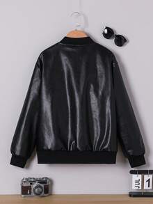 Teen Boy Spring/Autumn Black Solid Color Fashionable Retro Versatile Streetwear PU Leather Jacket With Slanted Pockets Baseball Collar Cool Handsome Outerwear Autumn New Style Jacket - Black - View 2
