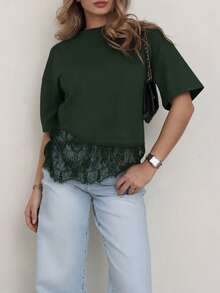 Solid Color Knit Fabric Lace Patchwork Short Sleeve T-Shirt For Women, Casual Sports Office Wear For Spring Summer - Dark Green - View 5