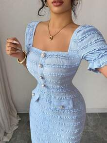 Nuevo vestido midi elegante y versátil de punto texturizado con cuello cuadrado y mangas cortas para mujeres - Azul - Ver 5