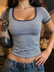 Women's Minimalist Retro Striped Short Sleeve T-Shirt - Multicolor - View 2