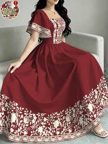 2026 Nuevo casuales para mujer Vestido de manga corta con cuello cuadrado y estampado floral, falda de longitud media con cintura ceñida, vestido rojo vino con estampado floral - Multicolor 2 - Ver 1