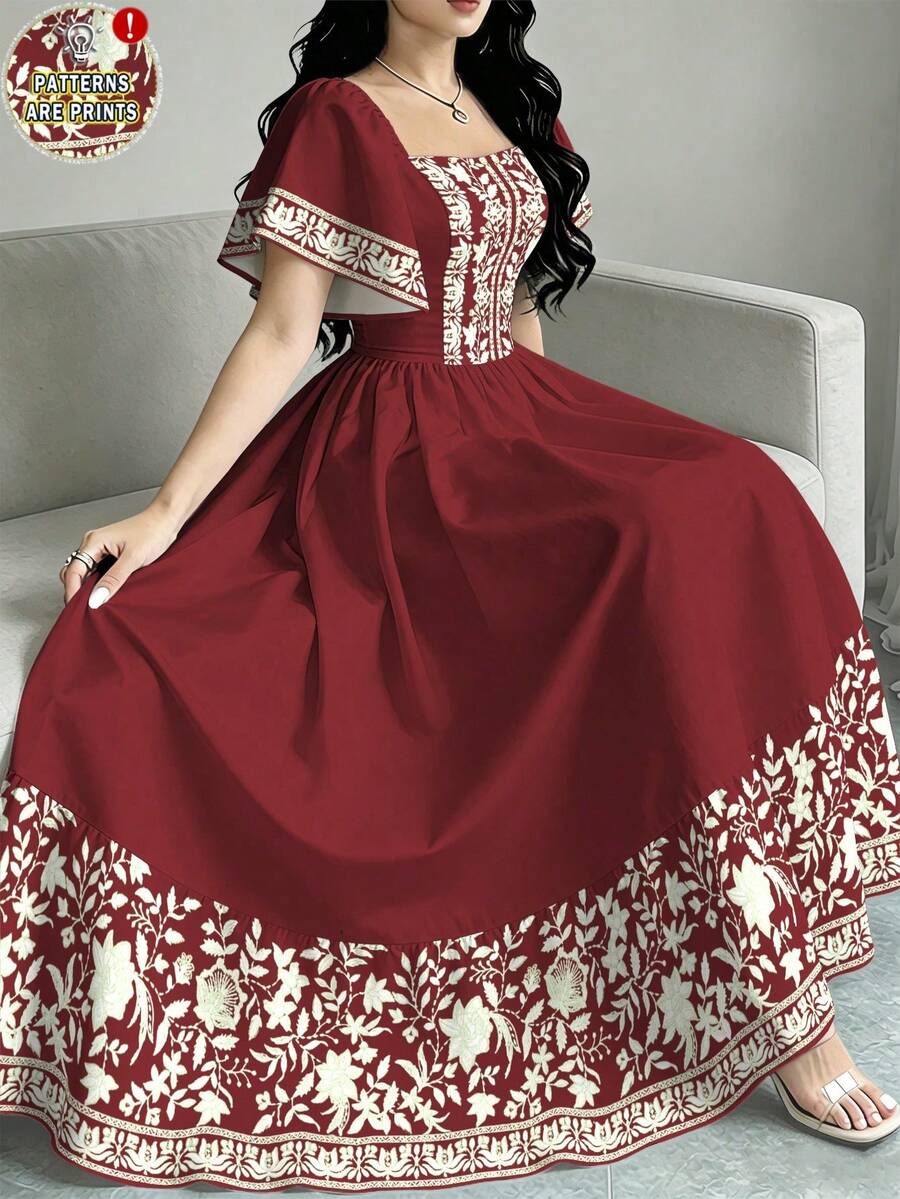 2026 Nuevo casuales para mujer Vestido de manga corta con cuello cuadrado y estampado floral, falda de longitud media con cintura ceñida, vestido rojo vino con estampado floral - Multicolor 2 - Ver 1